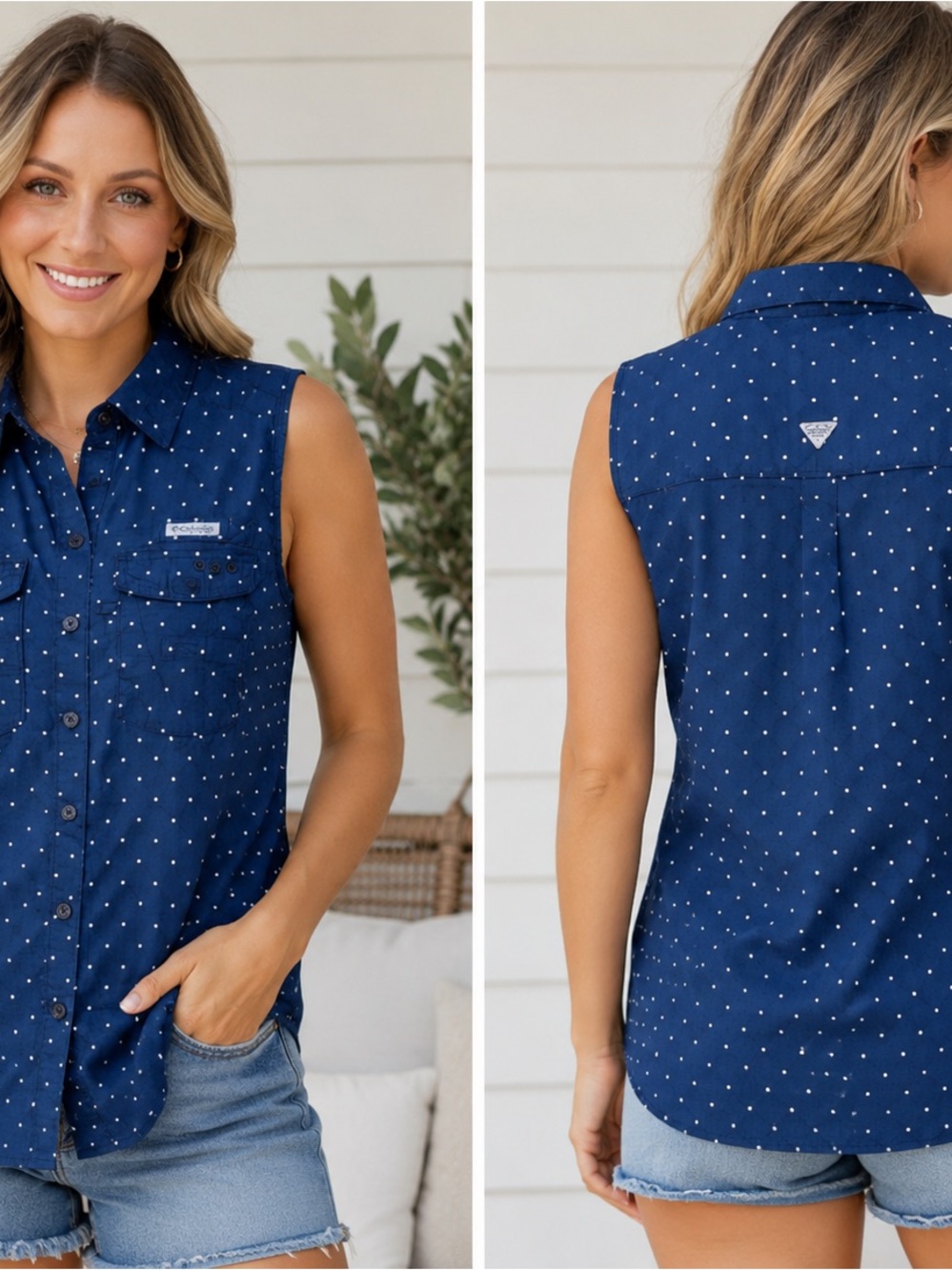 Columbia PFG Sleeveless Fishing Shirt Blue Polka Dot Button Front